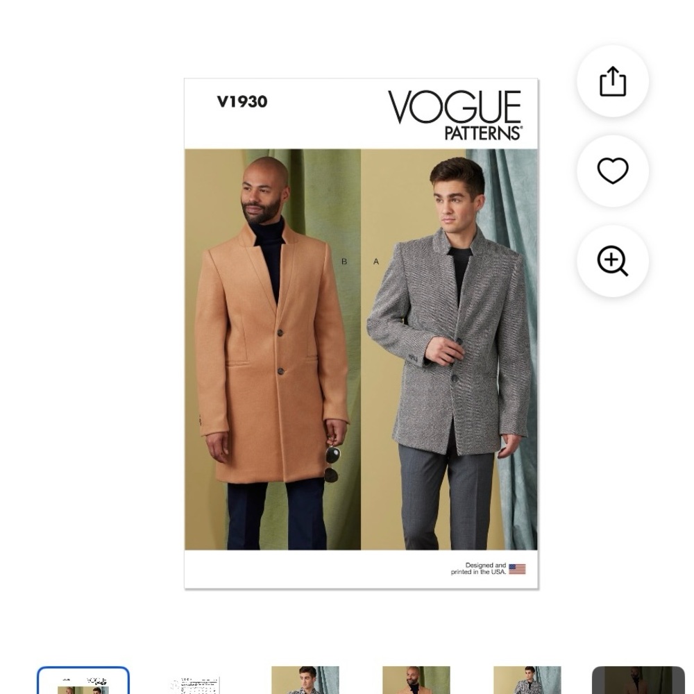 Vogue V1930 Size MUU Men's Coat Sewing Pattern